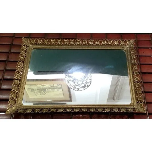 Vintage Mirrored Dresser Vanity Tray Ornate Gold Tone Floral Art Nouveau Motif
