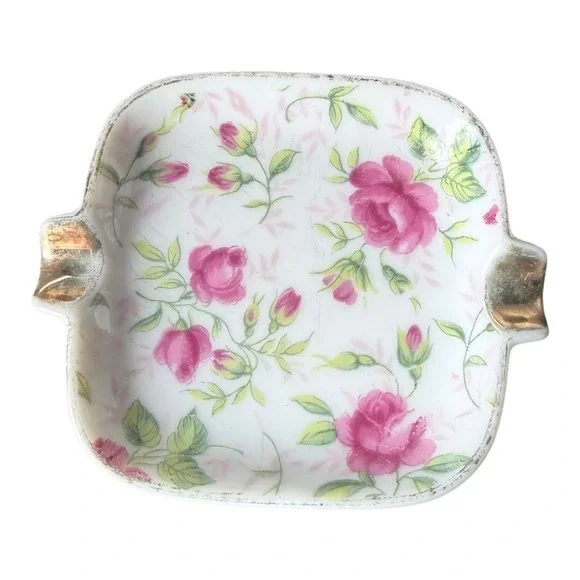 Unbranded‎ Porcelain Ashtray Pink Rose Floral Gold Trim Vtg Trinket Dish 3.5in