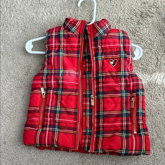 Tommy Red Plaid Puffer Vest with Heart Detail