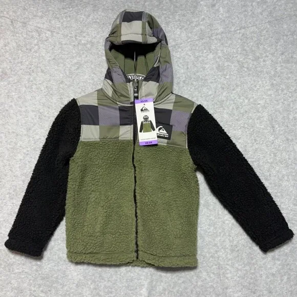 Quiksilver Jacket Youth Boy's XS 5/6 Hooded Sherpa Jacket Green Black