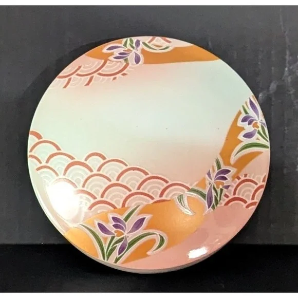 Vintage Japanese Lidded Ceramic Trinket/Jewelry Box Pink & Orange W/ Purple Iris