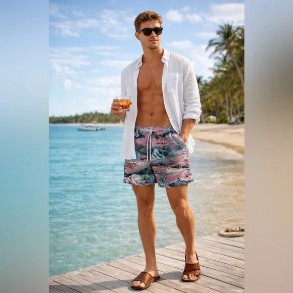 Ted Baker London Pink Tropical Tiger Swim Trunks Men’s Size 3 Med Lobster Logo