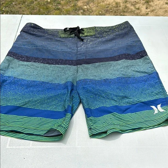 Hurley Men's Striped Swim Shorts - Blue and Green