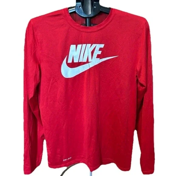 Nike Shirt Mens M Red Long Sleeve Center Swoosh Logo Dri Fit Athletic Perfomance