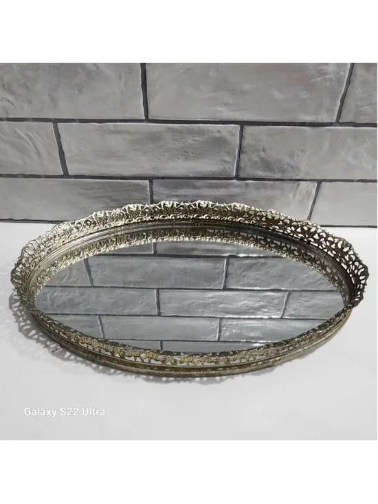 Oval Mirrored Vanity Tray, Gold Tone. Vintage