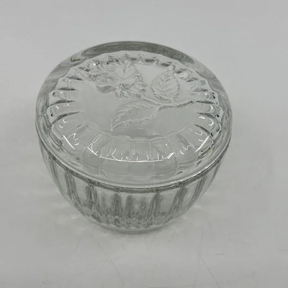 Crystal Glass Trinket Dish‎ Etched Rose Lid Italian 2.5