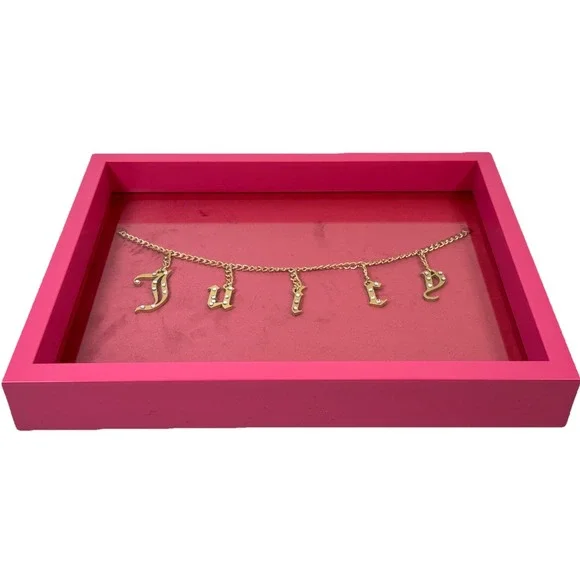 Juicy Couture Trinket Tray Hot Pink Glass Jewelry Vanity Decor 13 x 10