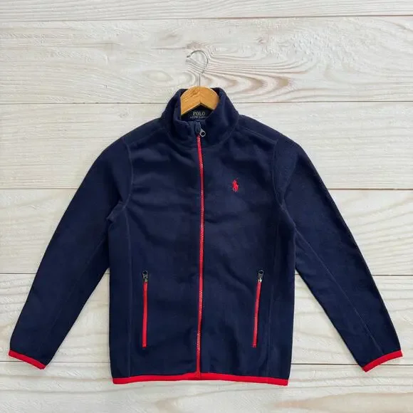 Polo Ralph Lauren Boys Size M (10-12) Full Zip Fleece Jacket Navy Red Trim