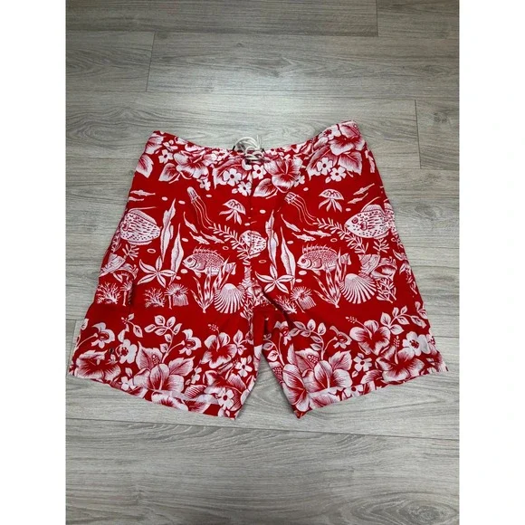Polo Ralph Lauren Mens 2XB Red White Tropical Fish Hibiscus Swim Trunks Shorts