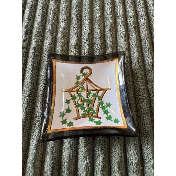 Hand Painted Glass Ashtray Trinket Dish Decorative Lantern Ivy Gold Trim‎ Square