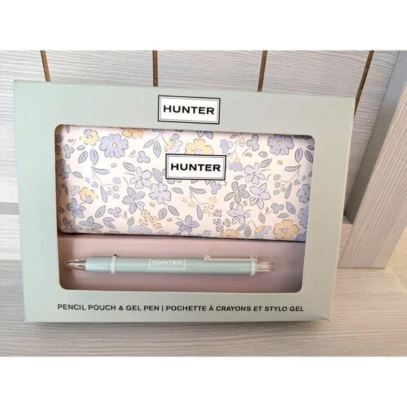 HUNTER Floral Pencil Pen Pouch & Gel Pen Boxed Gift Set Green & Floral New