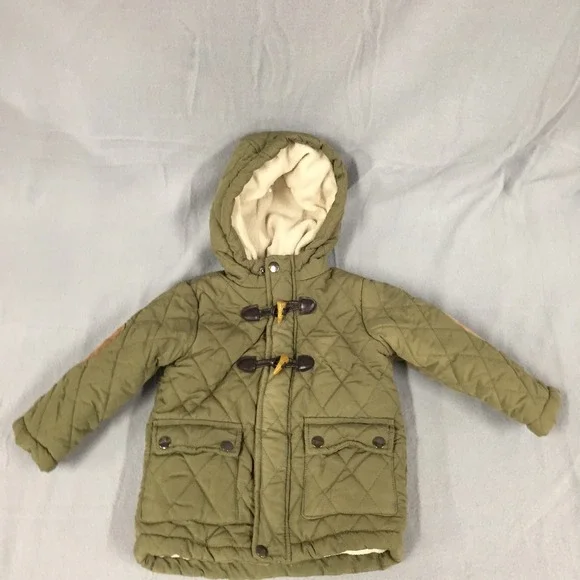 Perry Ellis Boy Quilted Hooded Jacket Olive Green Toggle Coat 24M Elbow Patches