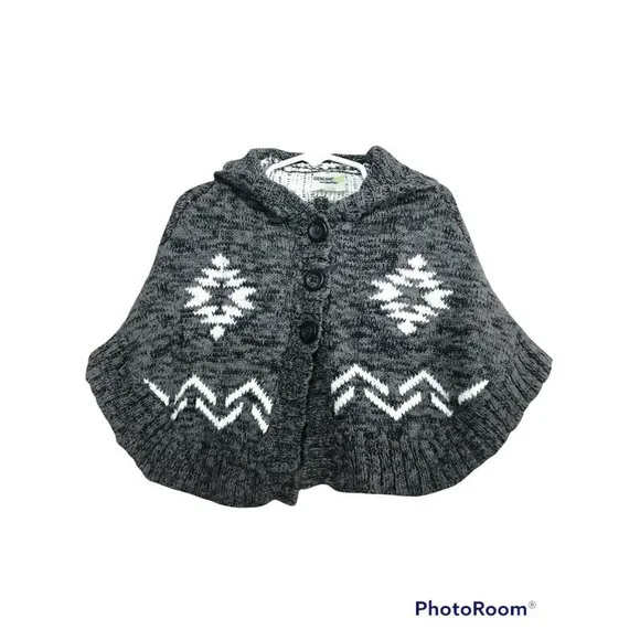 Genuine Kids Oshkosh Hooded Sweater Cape Poncho‎ Sz 12m Gray White Aztec Design