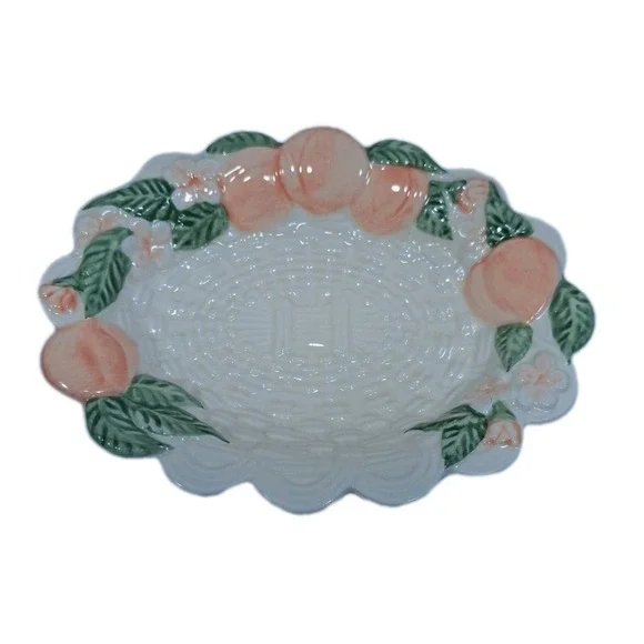 VTG Avon Peach Flowers Trinket Soap Dish/Plate Basket Weave Bathroom Scalloped