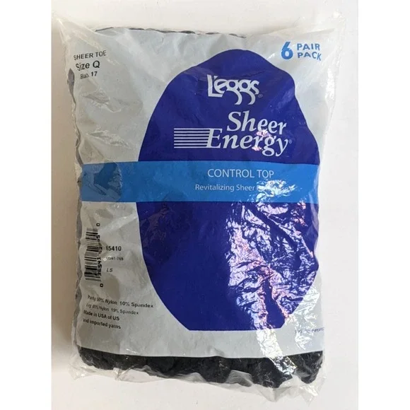 NOS L'eggs Sheer Energy Control Top Pantyhose 6 Pair Pack Size Q Black 17 Sealed