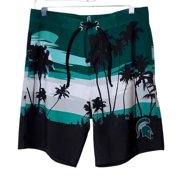 Michigan State Spartans Mens Green Tropical Palm Tree‎ Board Shorts Size Medium