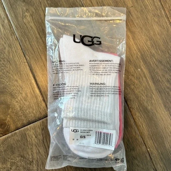 NWT UGG Pink & White Glitter Logo Crew Socks - 2 Pair - One Size