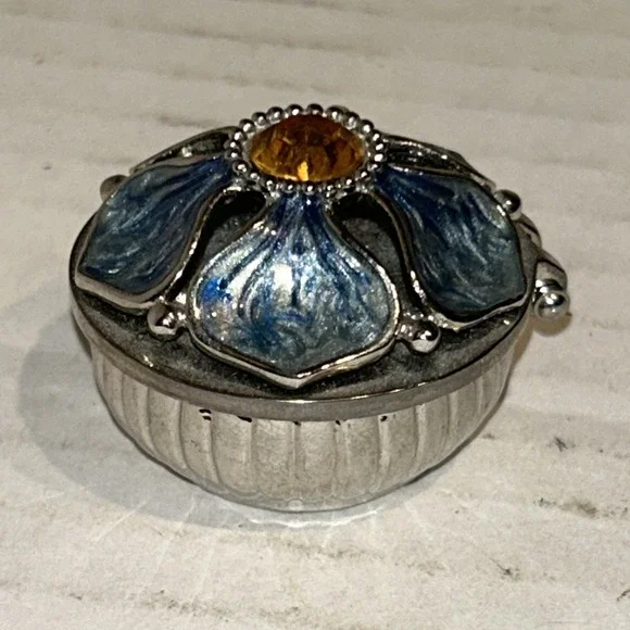 Jane Seymour Small Pill Box Trinket Enamel Blue Flower Yellow Rhinestone