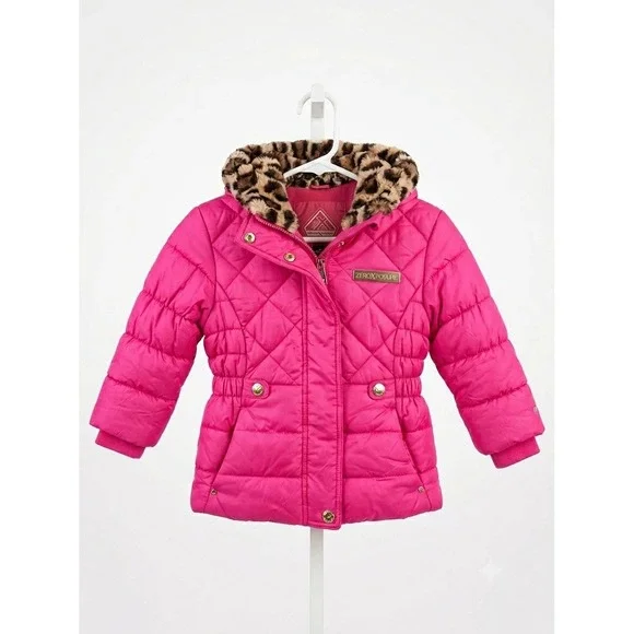 ZeroXposure Girls 4/5 Hot Pink Quilted Puffer Jacket Faux Fur Leopard Hood