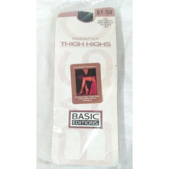 Thigh High Pantyhose Basic Editions Sandalfoot 1 Pair Off Black Shoe Sz 5-10 NOS