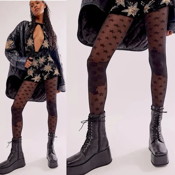 NWT Free People Starburst Tights With Floral Lace Knees OS