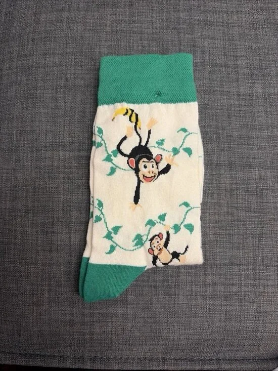 Unisex Monkey Banana Novelty Crew Socks Green White Jungle One Size Fun Gift