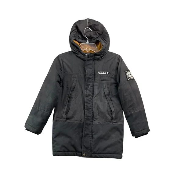Timberland Hooded Parka Jacket Boys Size S 7/8 Black Insulated Fleece Lined Coat