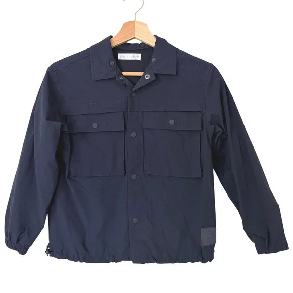 Zara Kids Navy Blue Utility Lined Windbreaker Jacket Size 8-9 Snap Front Cargo
