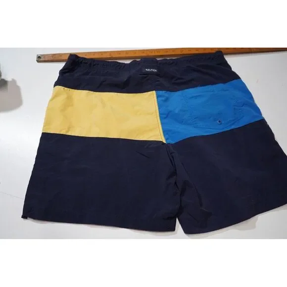 NAUTICA Mens Vintage Black Yellow Blue & White Color Block‎ Lined Swim Shorts L