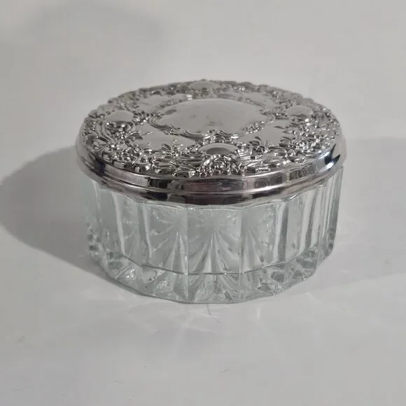 Vintage - Towle - Round Glass Dresser Jar Powder Box Plate Lid Mirror - Silver