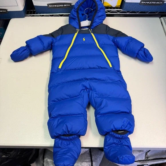 Ralph Lauren Polo Baby‎ Bunting Suit Blue Black Hooded Puffer Snowsuit 6M New