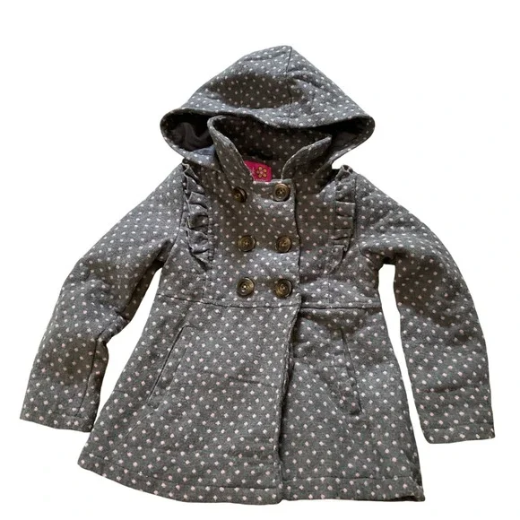 Pink Platinum Girls Grey Pink Polka Dot Hooded Peacoat Jacket Size 5/6