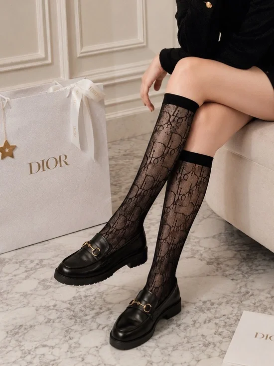 Luxury Dior Print Black Monogram Knee High Tights Socks Stockings