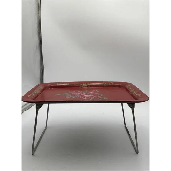 Vintage TV Bed Lap Tray MCM Tole Painted Red Floral Folding Cottage Core