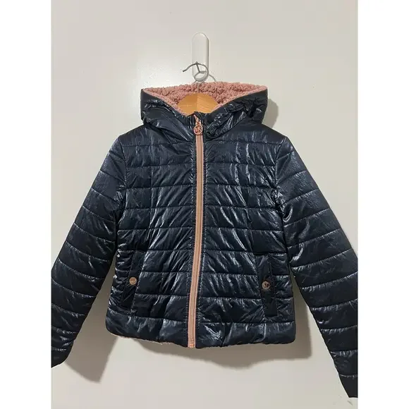 Michael Kors Girls Blue/Rose Gold Faux Fur Lined Puffer Jacket Size 6