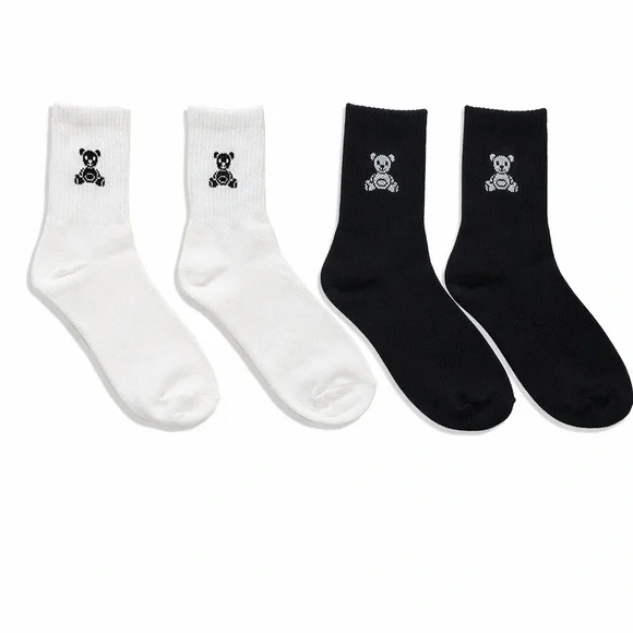 NWT Zenana White & Black Teddy Bear Crew Socks Minimal Cozy Aesthetic One Size