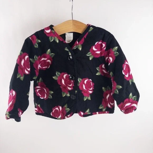 Vintage 90s Baby Togs Padded Rose Floral Print Jacket Boho Black‎ Pink Girls 24m
