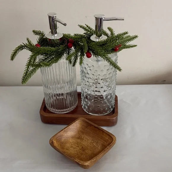 Glass Soap Dispenser Set with Wooden Tray and ring trivet bowl acacia wood