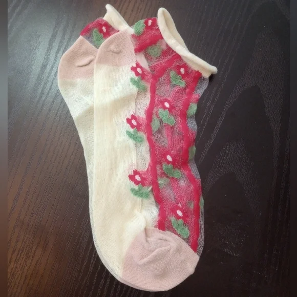 Cream Red Maroon Floral Sheer Ankle Spring Summer Socks Breathable Lace