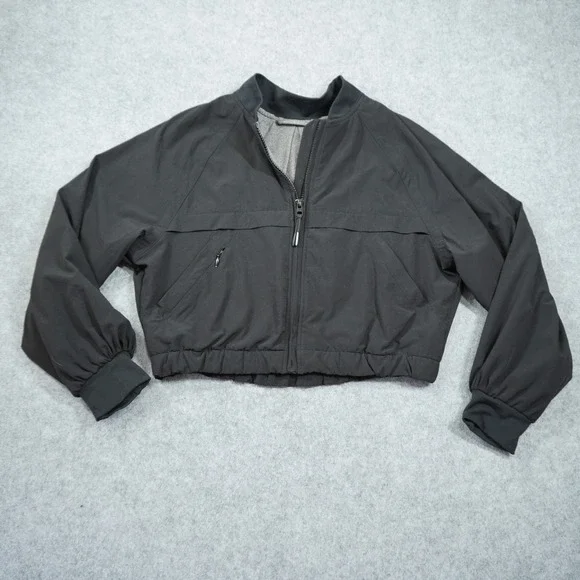 Athleta Girl Size Med Black Full Zip Cropped Bomber Jacket Pleated Back Active