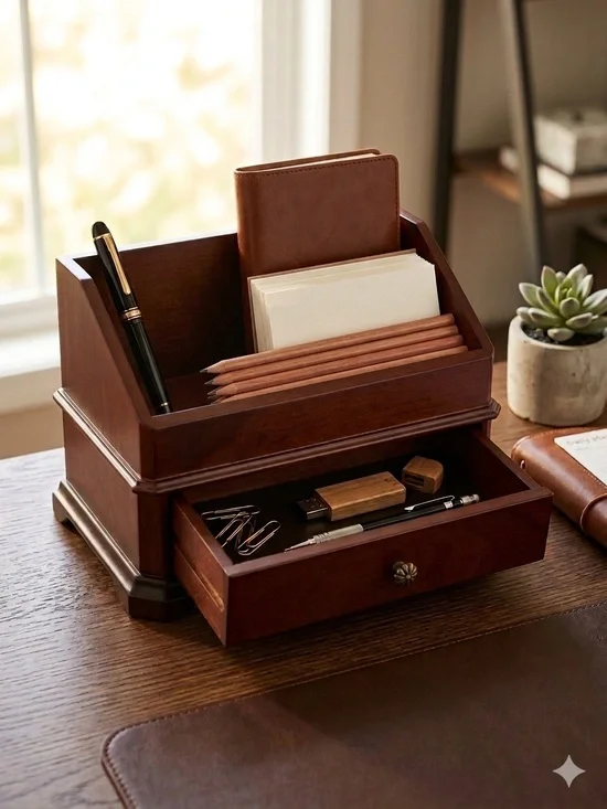 Bombay Co Vintage Wooden Desk Organizer Letter Holder 1 Drawer Stationary Box