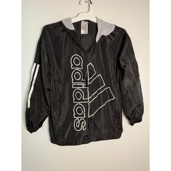 Adidas Boys Black Windbreaker Jacket Full Zip Hoodie Logo Size M 10/12