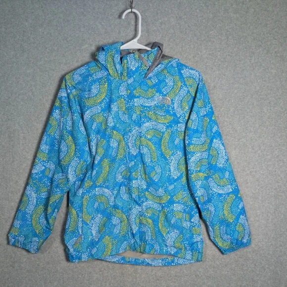 The North Face Kids Blue Yellow Dotted Print Hooded Rain Jacket Windbreaker L/G