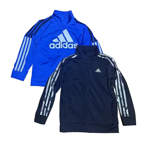 Adidas Boys Track Jacket Size 6 Zip Up Black Camo Blue White 3 Stripes Logo Kids