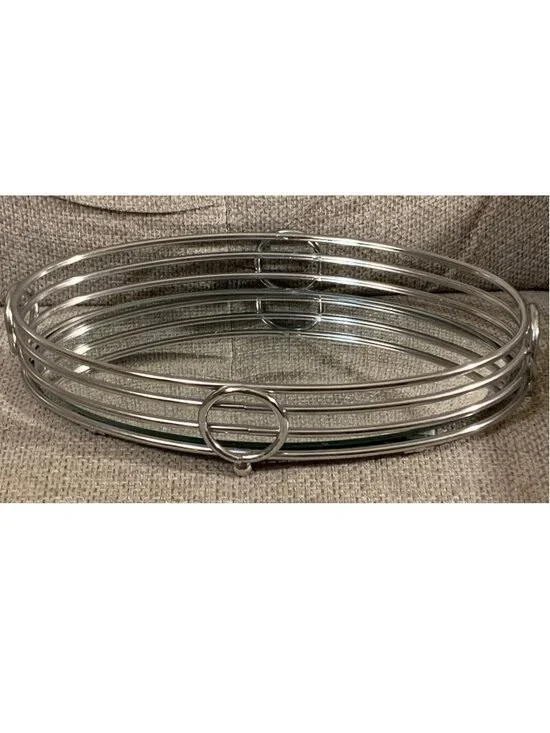 Mirrored Glass Chrome Metal Oval Vanity Tray by Robely Inc.