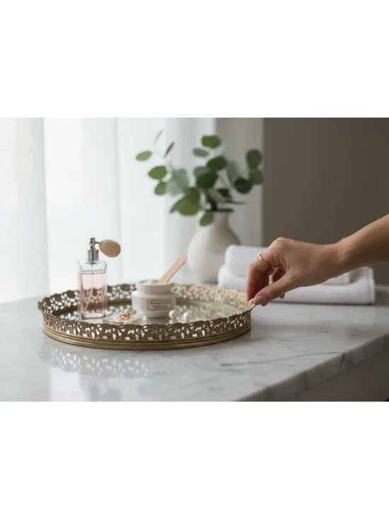 Ornate Vintage Gold-Tone Filigree Vanity Tray With Mirror Oval Design