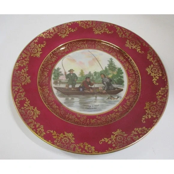 VTG Bayreuth Bavaria Catch A Trout Currier & Ives Pink Porcelain Cabinet Plate