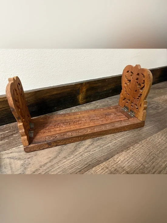 Vintage carved wood expanding / folding book ends