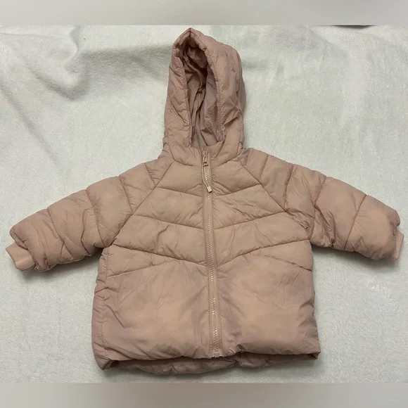 Zara Baby Sz 12-18 month Soft Pink Winter Zip Up Puffer Jacket Coat with hood