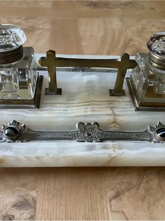 White Onyx Vanity Inkstand with Brass and Silver Accents